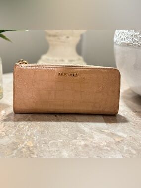 Miu Miu Croc-Embossed Continental Zip Wallet in Blush with Mauve interior